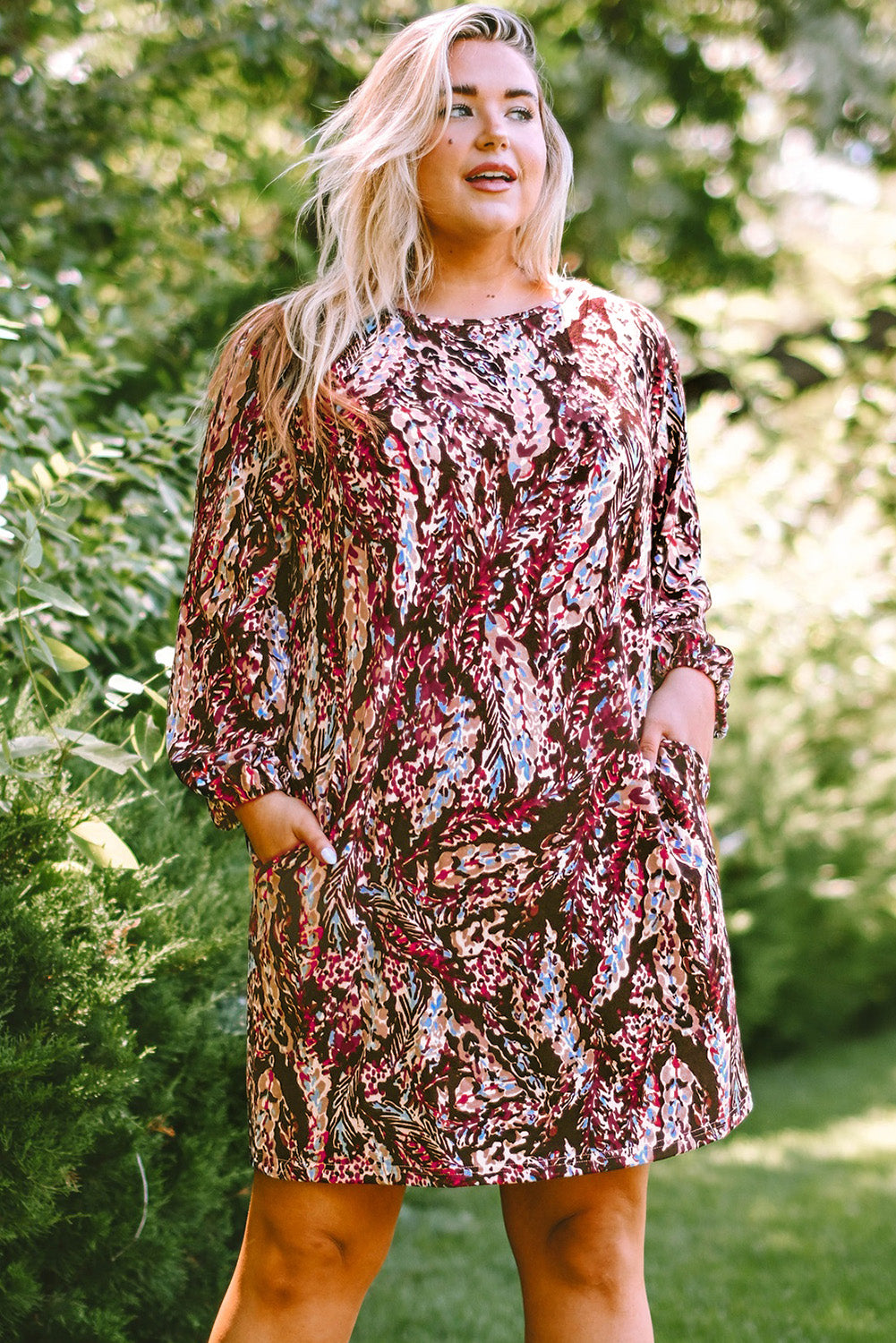 Plus Size Printed Round Neck Long Sleeve Mini Dress-Jewearrings