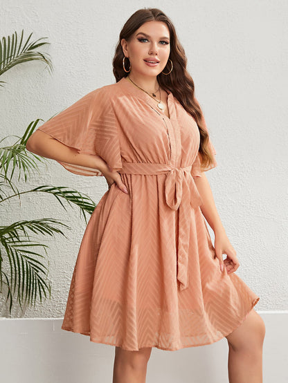 Plus Size Tie Waist Notched Neck Flutter Sleeve Dress-Jewearrings