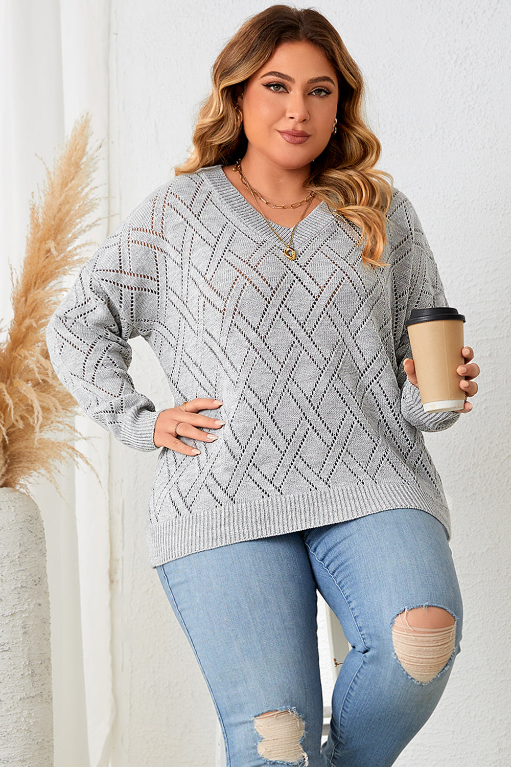 Plus Size Plaid V-Neck Knit Top-Jewearrings