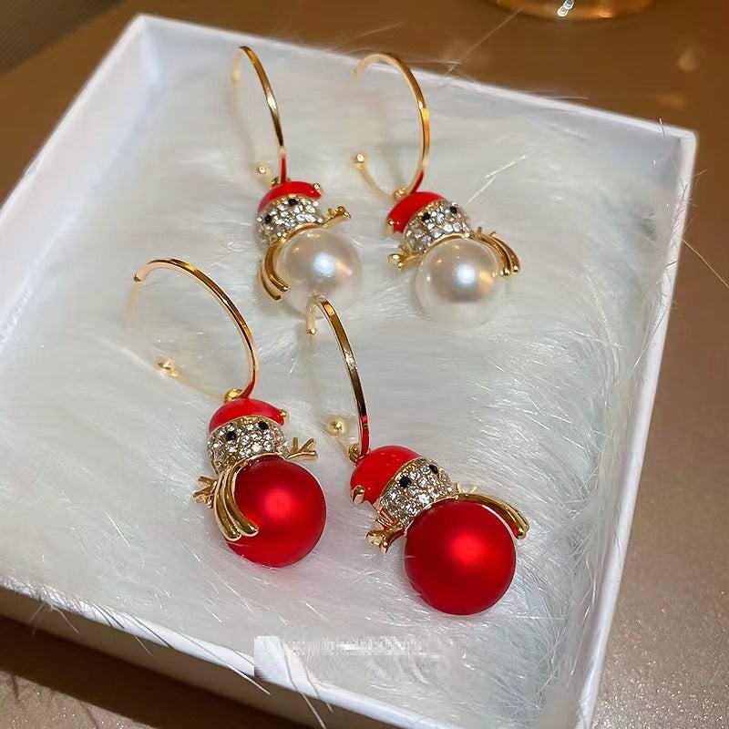 Snowman Christmas Earrings Fashion Design Sense Earrings Refined Rhinestone Pearl Earrings-Jewearrings