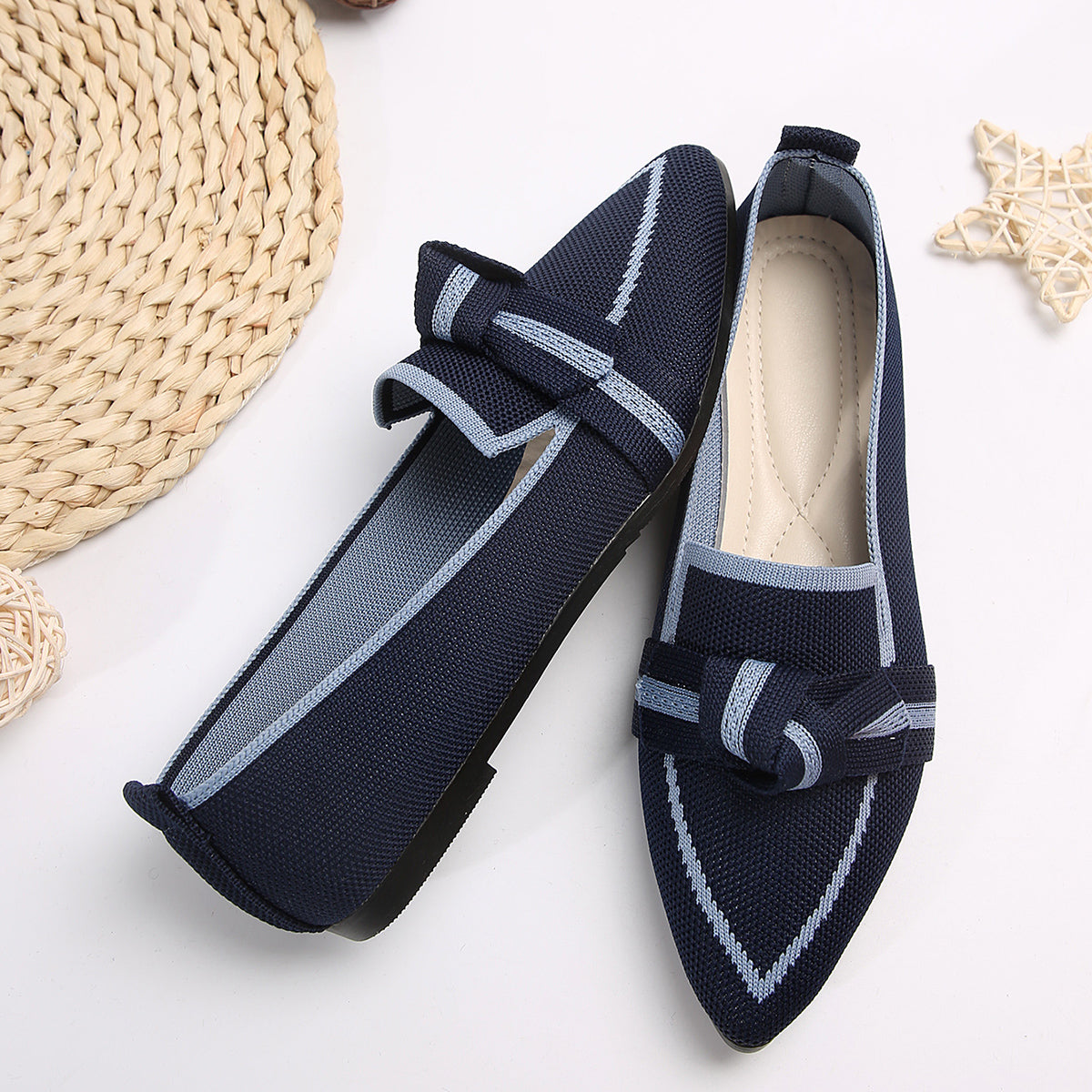 Bow Contrast Trim Point Toe Loafers-Jewearrings