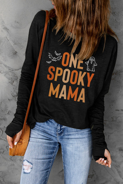 Round Neck Long Sleeve ONE SPOOKY MAMA Graphic T-Shirt-Jewearrings