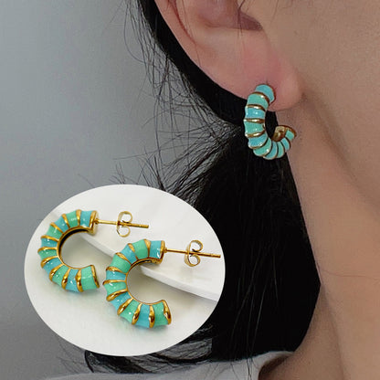 Enamel Drip Glazed Color C- Shaped Bamboo Stud Earrings-Jewearrings