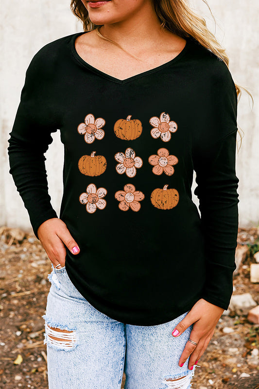 V-Neck Short Sleeve Pumpkin & Flower Graphic T-Shirt-Jewearrings