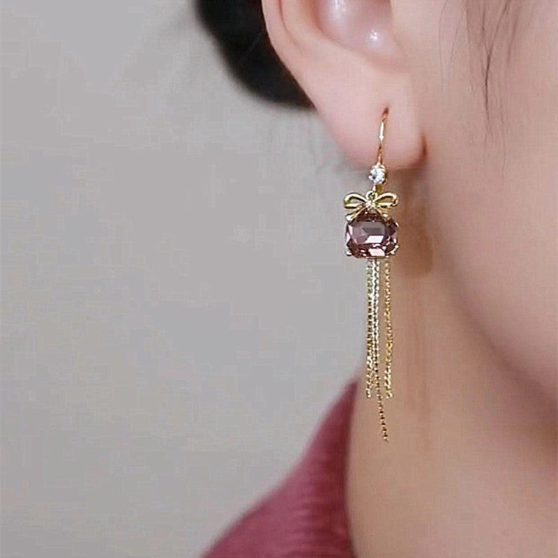 Niche Design Amethyst Bow Knot Tassel Earrings-Jewearrings