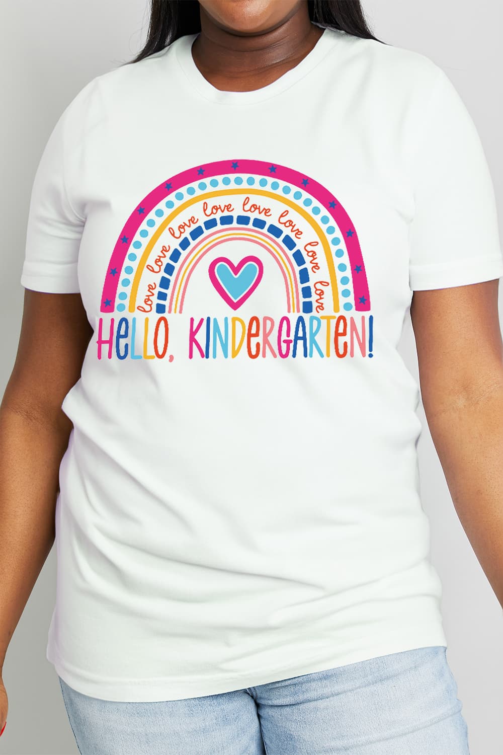 Simply Love Full Size LOVE HELLO KINDERGARTEN Rainbow Graphic Cotton Tee-Jewearrings