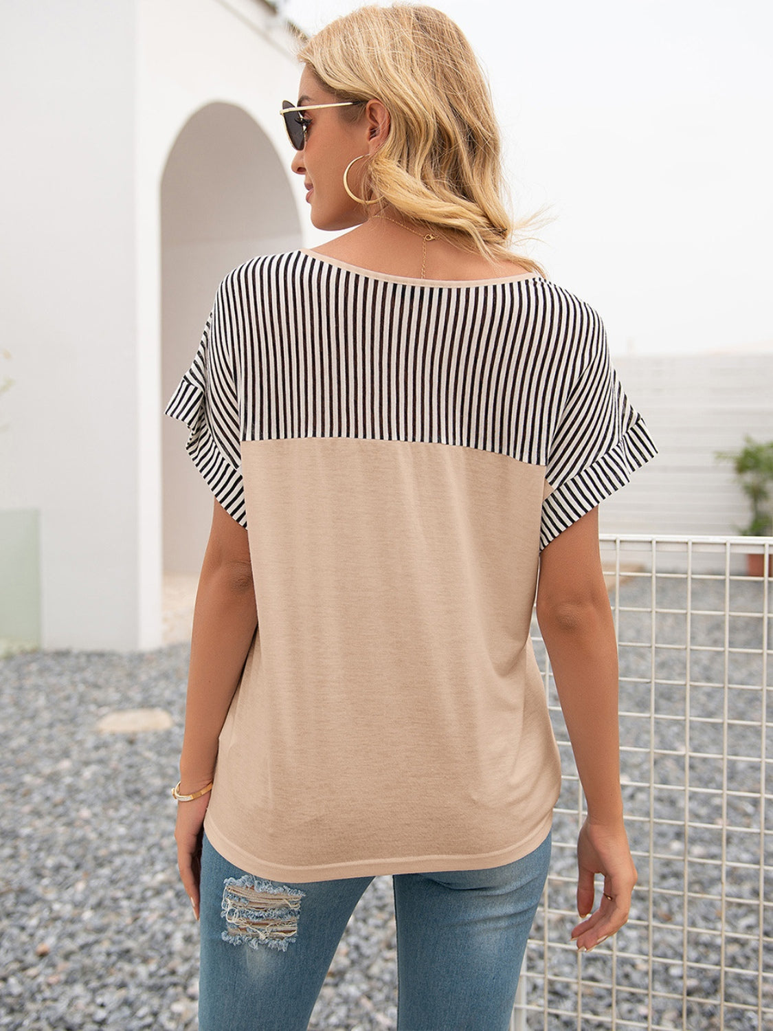 Striped V-Neck Short Sleeve T-Shirt-Jewearrings