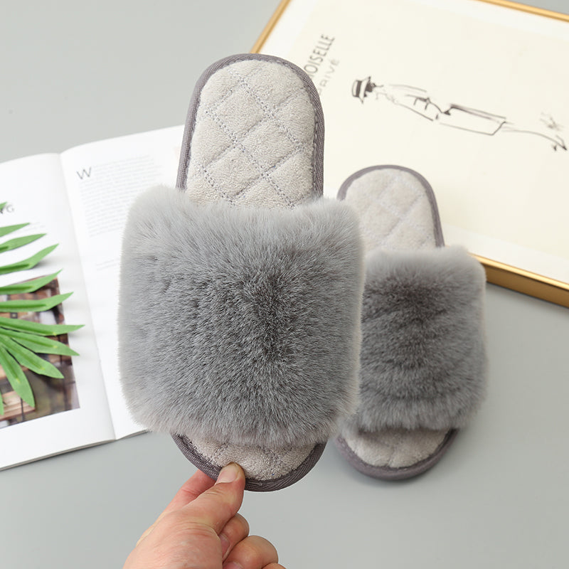 Faux Fur Open Toe Slippers-Jewearrings