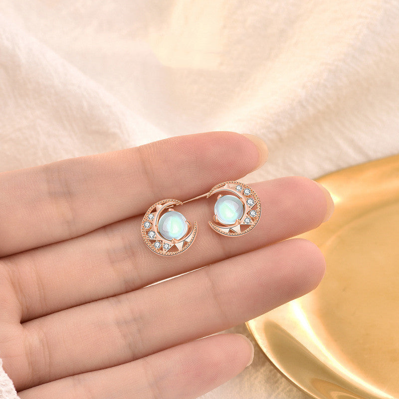 Sterling Silver Moonstone Star And Moon Stud Earrings-Jewearrings