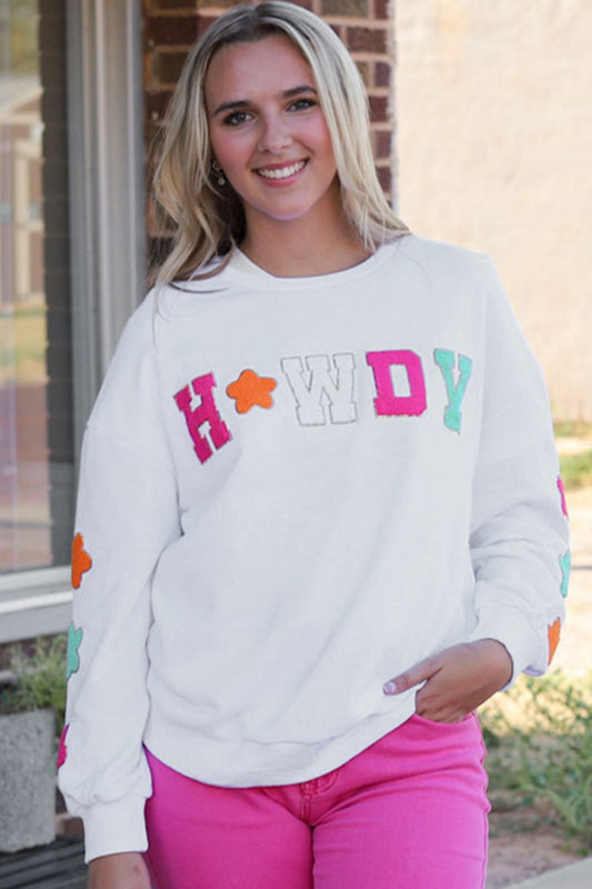 HOWDY Patch Graphic Round Neck Sweatshirt-Jewearrings