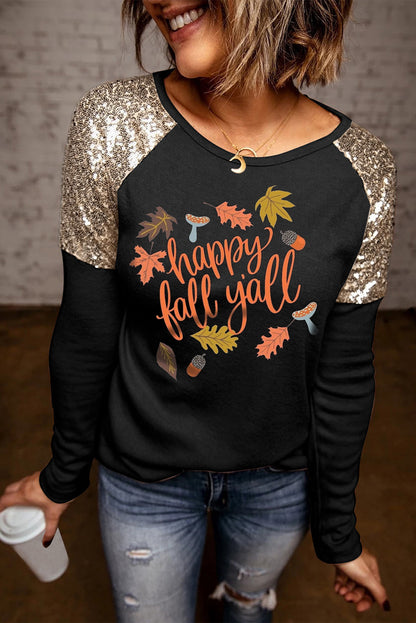 HAPPY FALL Y'ALL Graphic Sequin T-Shirt-Jewearrings