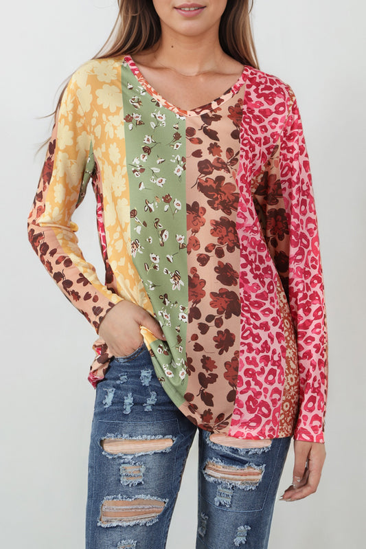 Leopard Long Sleeve V-Neck T-Shirt-Jewearrings