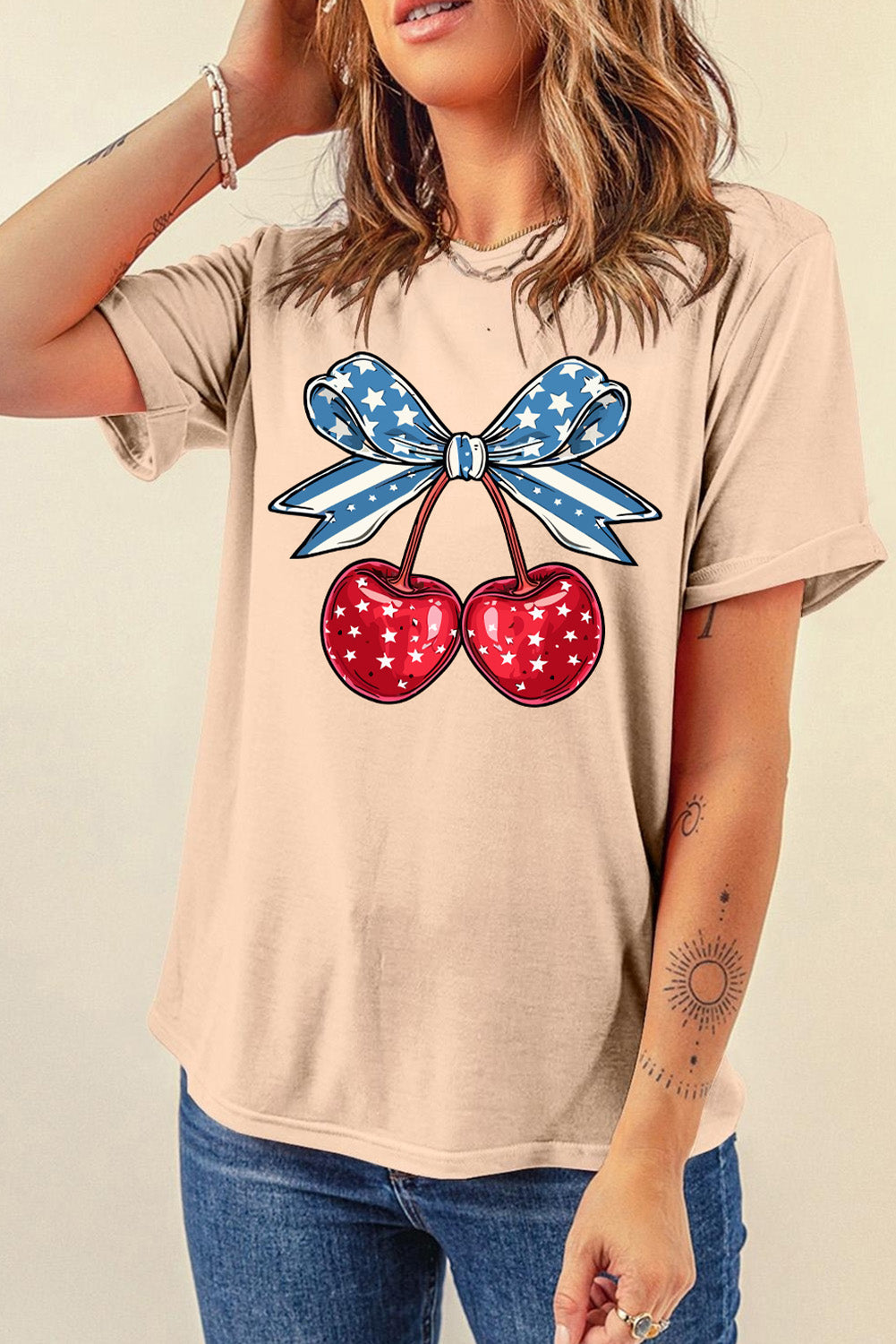 Cherry Graphic Round Neck Short Sleeve T-Shirt-Jewearrings