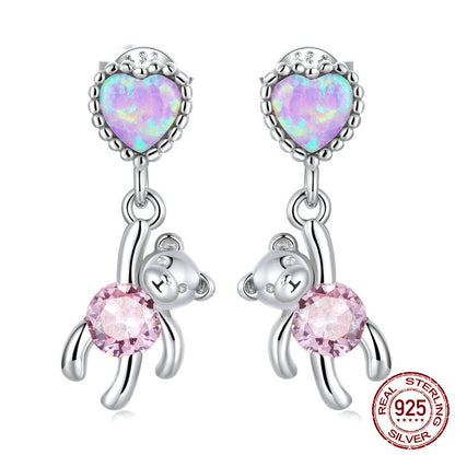 S925 Sterling Silver Zircon Love Bear Stud Earrings-Jewearrings