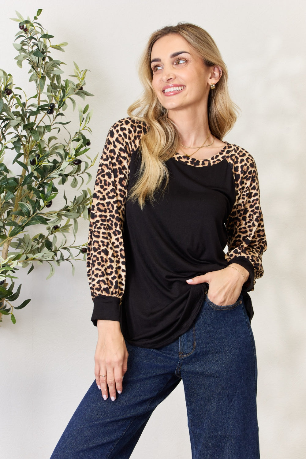 Celeste Full Size Leopard Round Neck Long Sleeve T-Shirt-Jewearrings