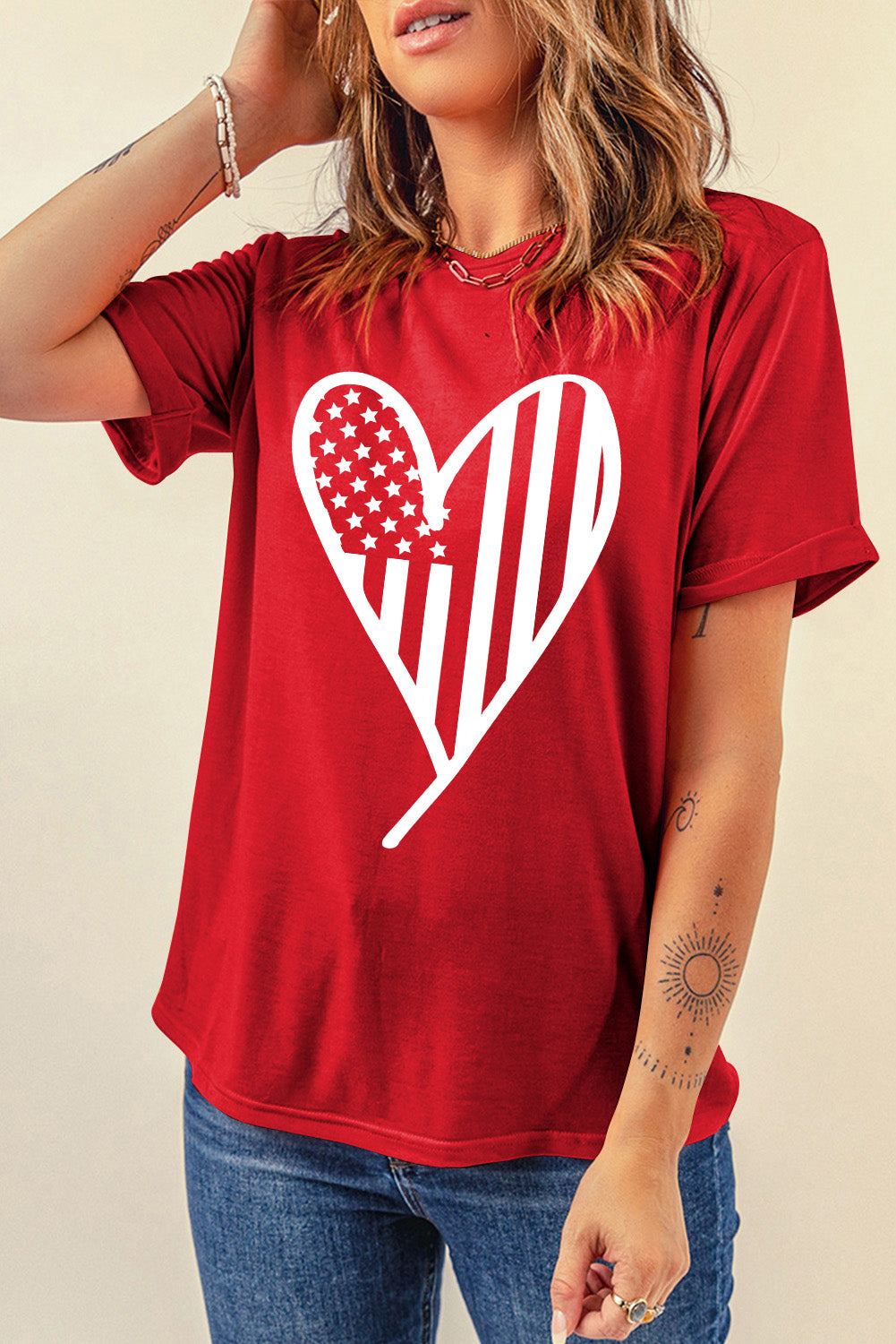 Heart Round Neck Short Sleeve T-Shirt-Jewearrings