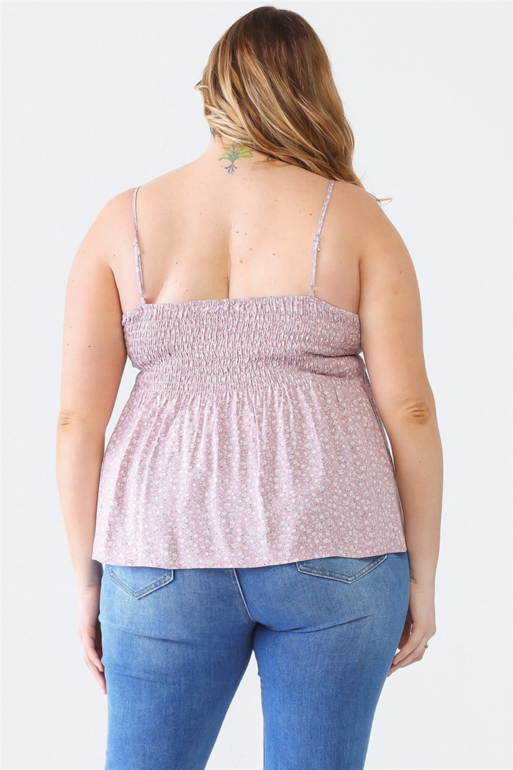 Zenobia Plus Size Frill Smocked Floral Sweetheart Neck Cami-Jewearrings