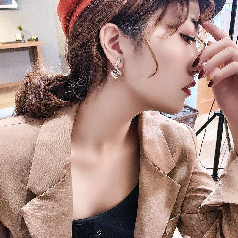 Zircon Snake Stud Earrings For Women Personality And Fashion Ear Clip Creative Design Sense Online Influencer Ear Jewelry-Jewearrings