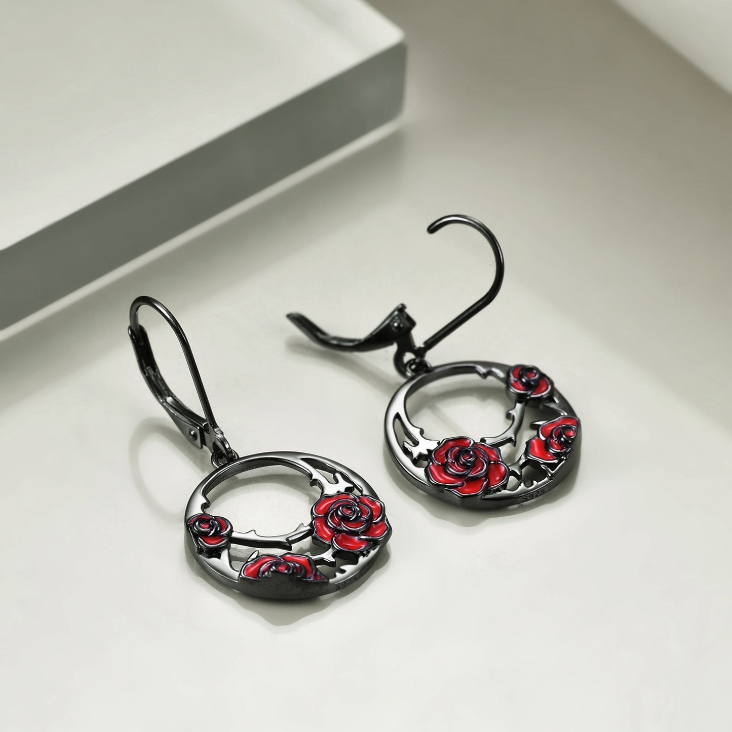 Sterling Silver Red Rose Flower Leverback Earrings Jewelry for Women-Jewearrings