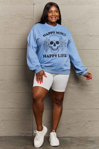 Simply Love Simply Love Full Size HAPPY MIND HAPPY LIFE SKULL Graphic Sweatshirt-Jewearrings