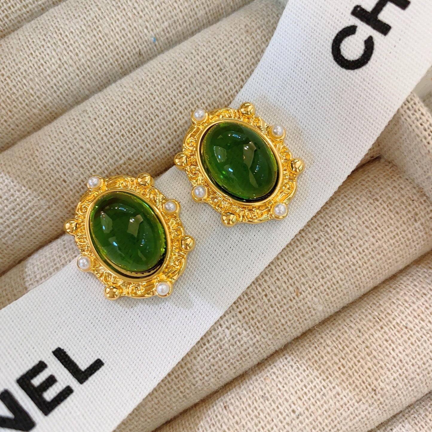 Vintage Ornament Gold Plated Grandmother Gemstone Green Glaze Earrings-Jewearrings