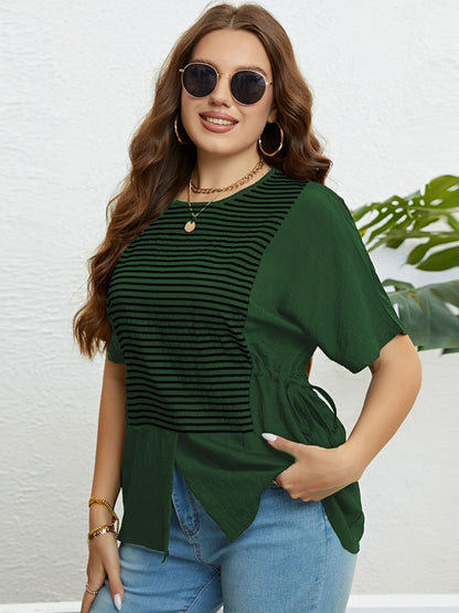 Plus Size Striped Drawstring Slit Top-Jewearrings