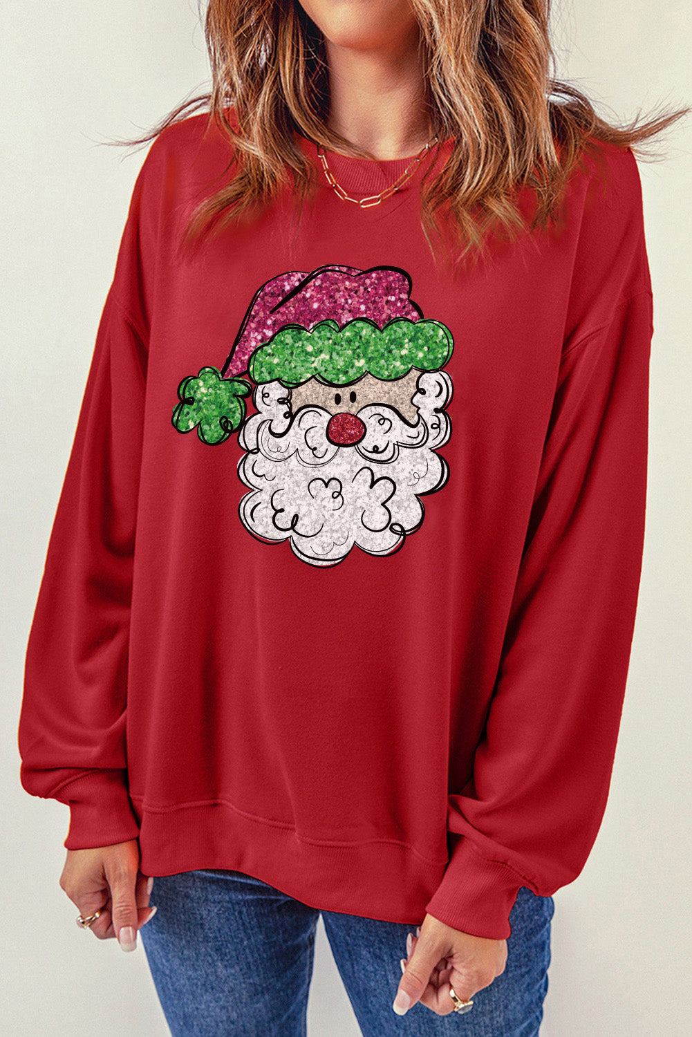 Santa Graphic Round Neck Long Sleeve Sweatshirt-Jewearrings