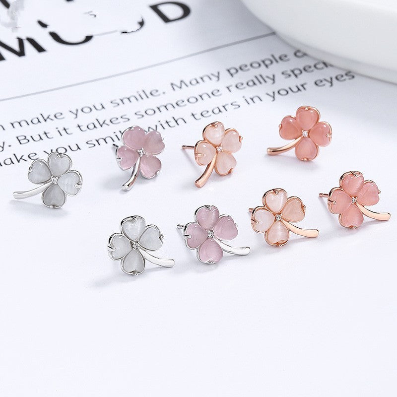 Simple 925 Sterling Silver Lucky Four-leaf Clover Stud Earrings-Jewearrings