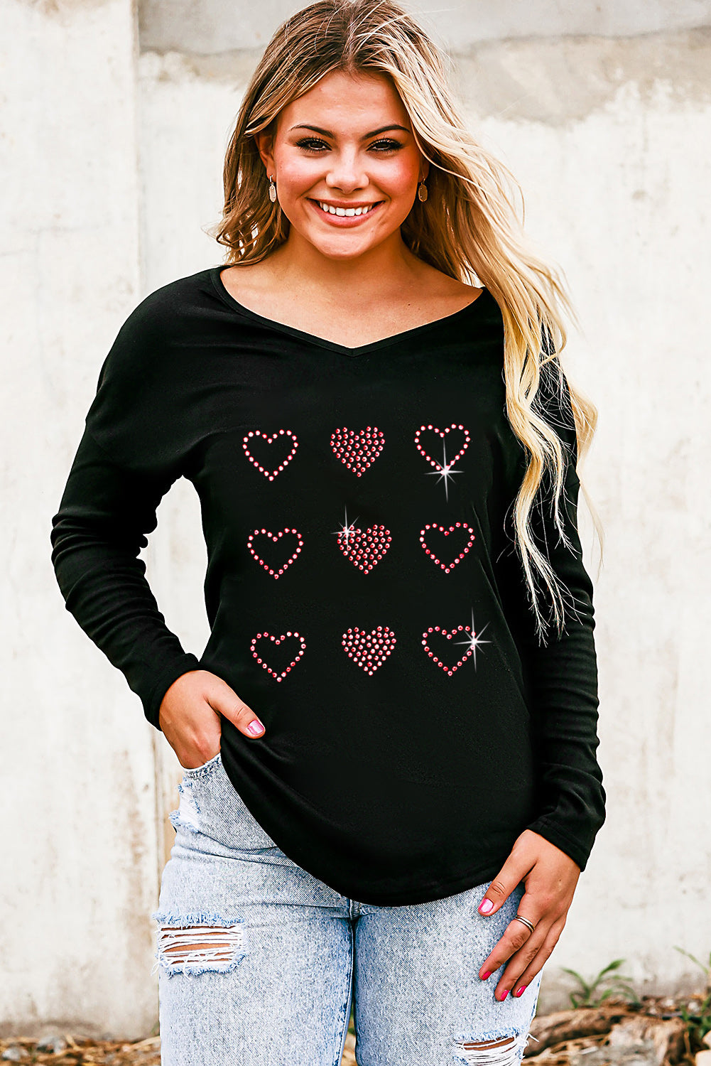 Heart V-Neck Long Sleeve Tee-Jewearrings