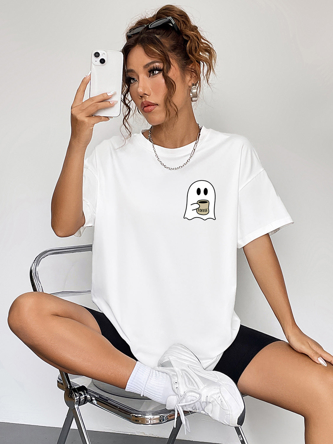 Round Neck Short Sleeve Ghost Graphic T-Shirt-Jewearrings