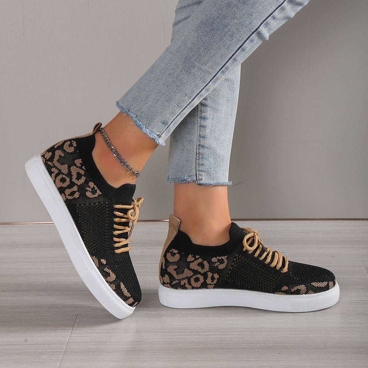 Lace-Up Leopard Flat Sneakers-Jewearrings