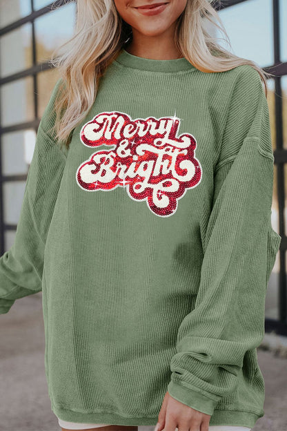 Ribbed Sequin Letter Graphic Round Neck Long Sleeve Sweatshirt-Jewearrings