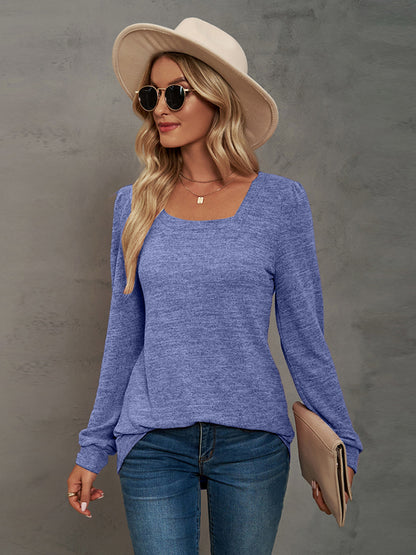 Heathered Square Neck Long Sleeve T-Shirt-Jewearrings