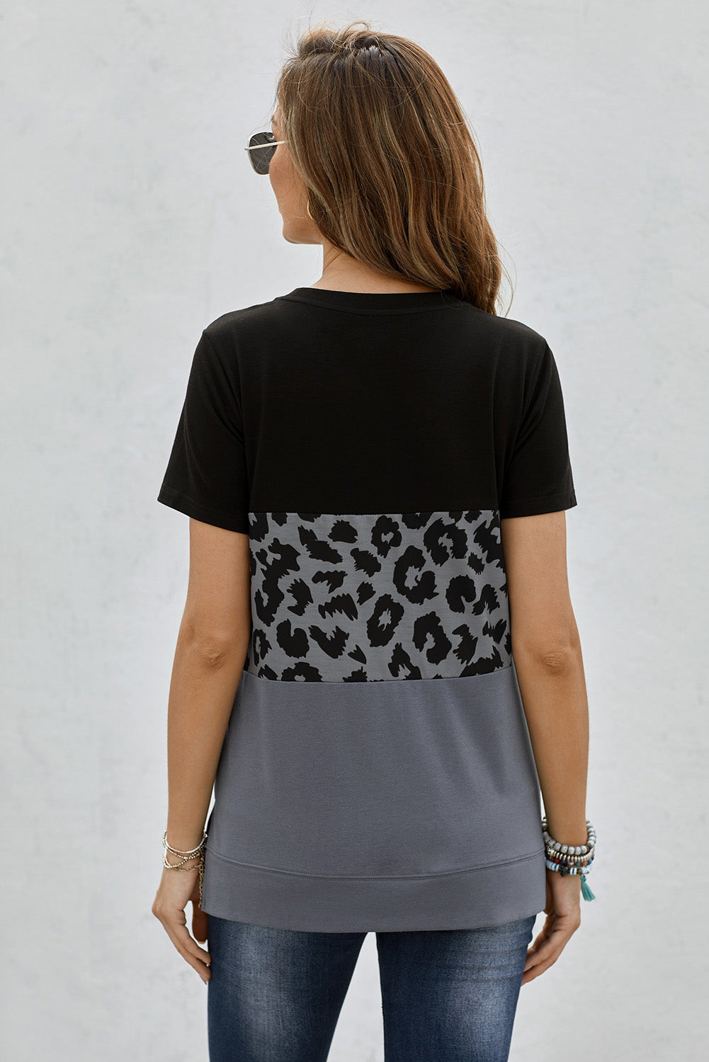 Leopard Print Color Block Short Sleeve T-Shirt-Jewearrings