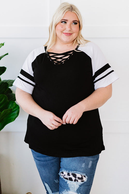 Plus Size Contrast Crisscross Tee Shirt-Jewearrings