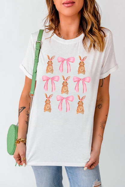 Rabbit & Bow Round Neck Short Sleeve T-Shirt-Jewearrings