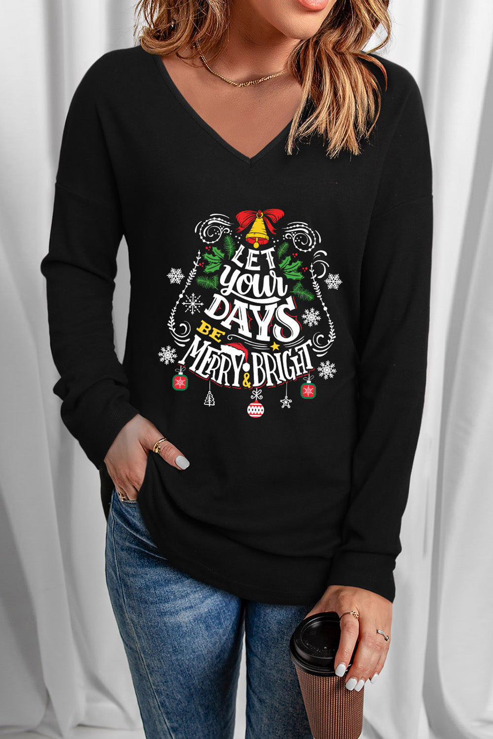 Letter Graphic V-Neck Long Sleeve T-Shirt-Jewearrings