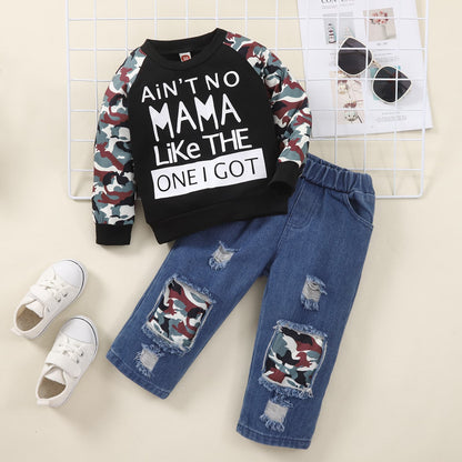 Kids Slogan Graphic Sweatshirt and Camoflague Patch Distressed Jeans Set-Jewearrings