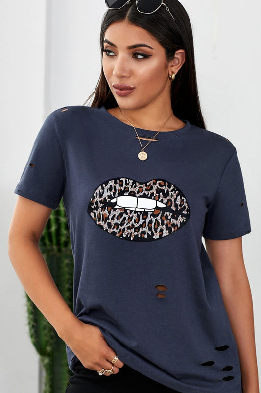 Leopard Lip Distressed T-Shirt-Jewearrings