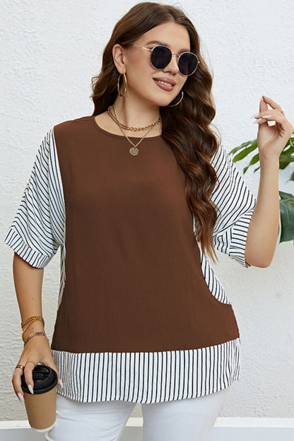 Plus Size Striped Round Neck Half Sleeve Top-Jewearrings