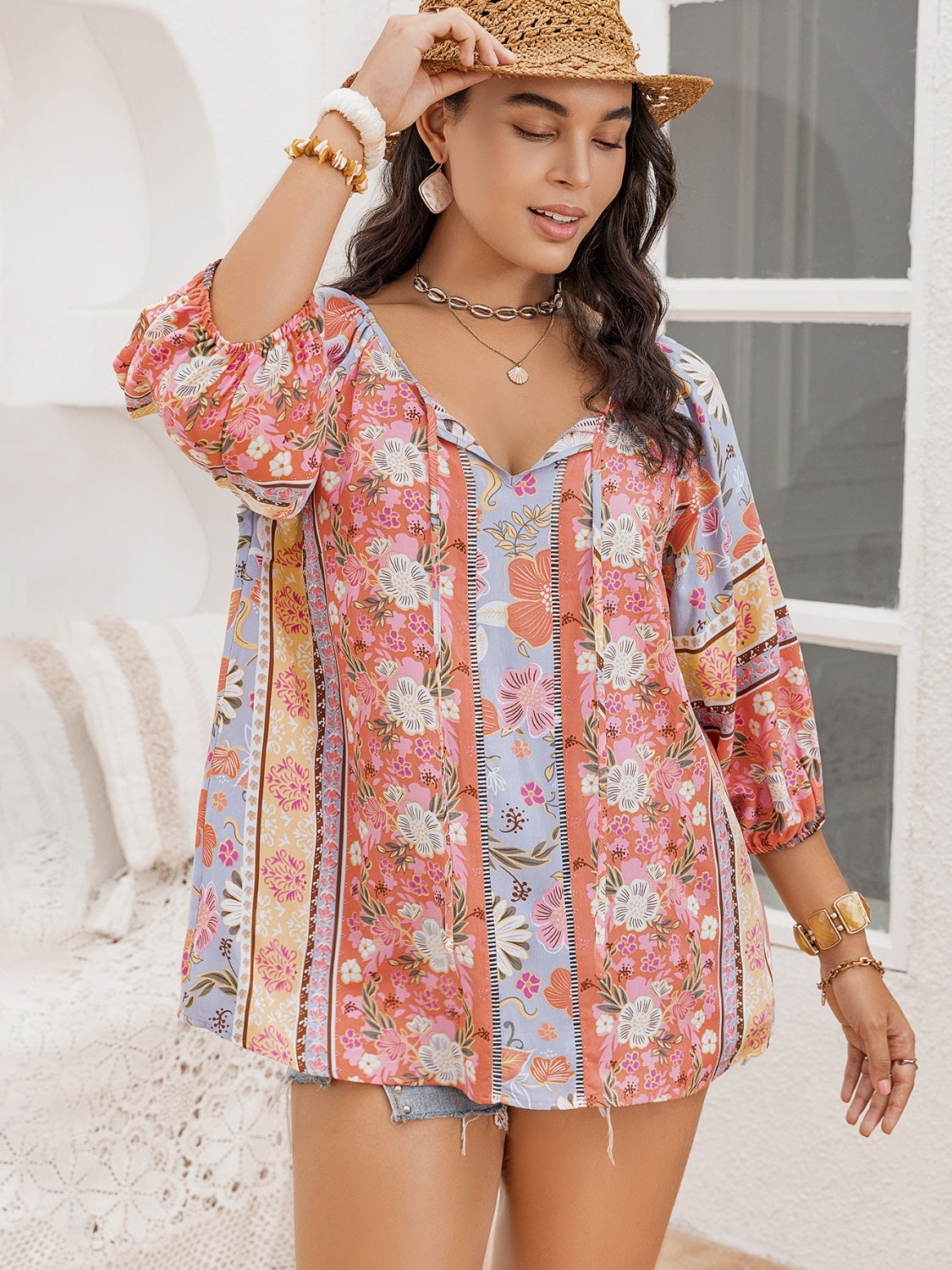 Plus Size Printed Tie Neck Balloon Sleeve Blouse-Jewearrings