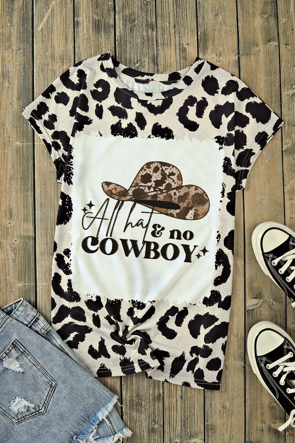 Round Neck Short Sleeve Printed ALL HATS NO COWBOY Graphic Tee-Jewearrings