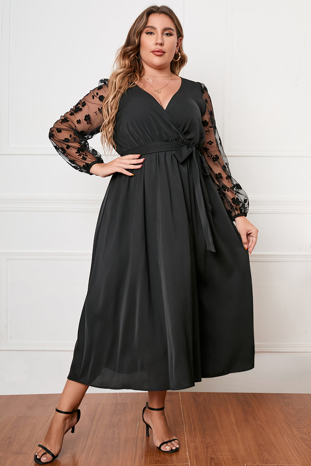 Plus Size Surplice Neck Tied Dress-Jewearrings