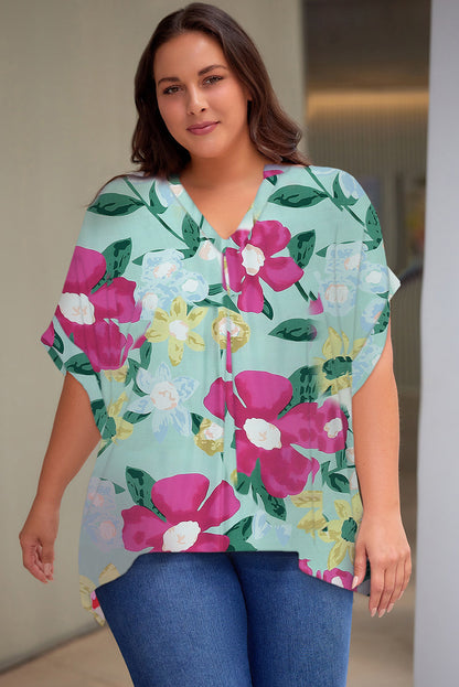 Plus Size Printed Notched Neck Half Sleeve Top-Jewearrings