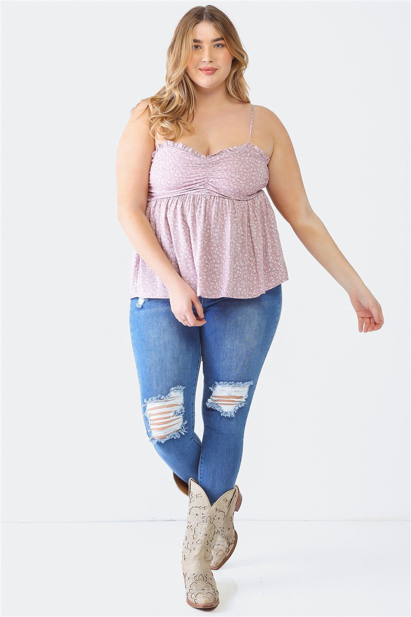 Zenobia Plus Size Frill Smocked Floral Sweetheart Neck Cami-Jewearrings