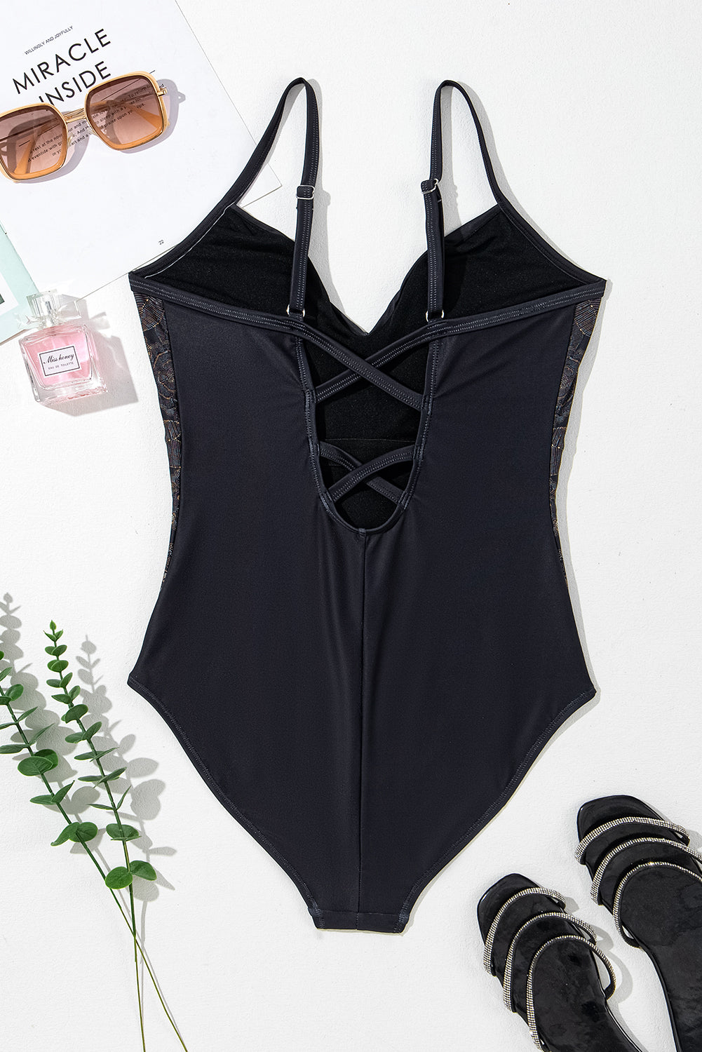 Embroidered V-Neck One-Piece Swimwear-Jewearrings