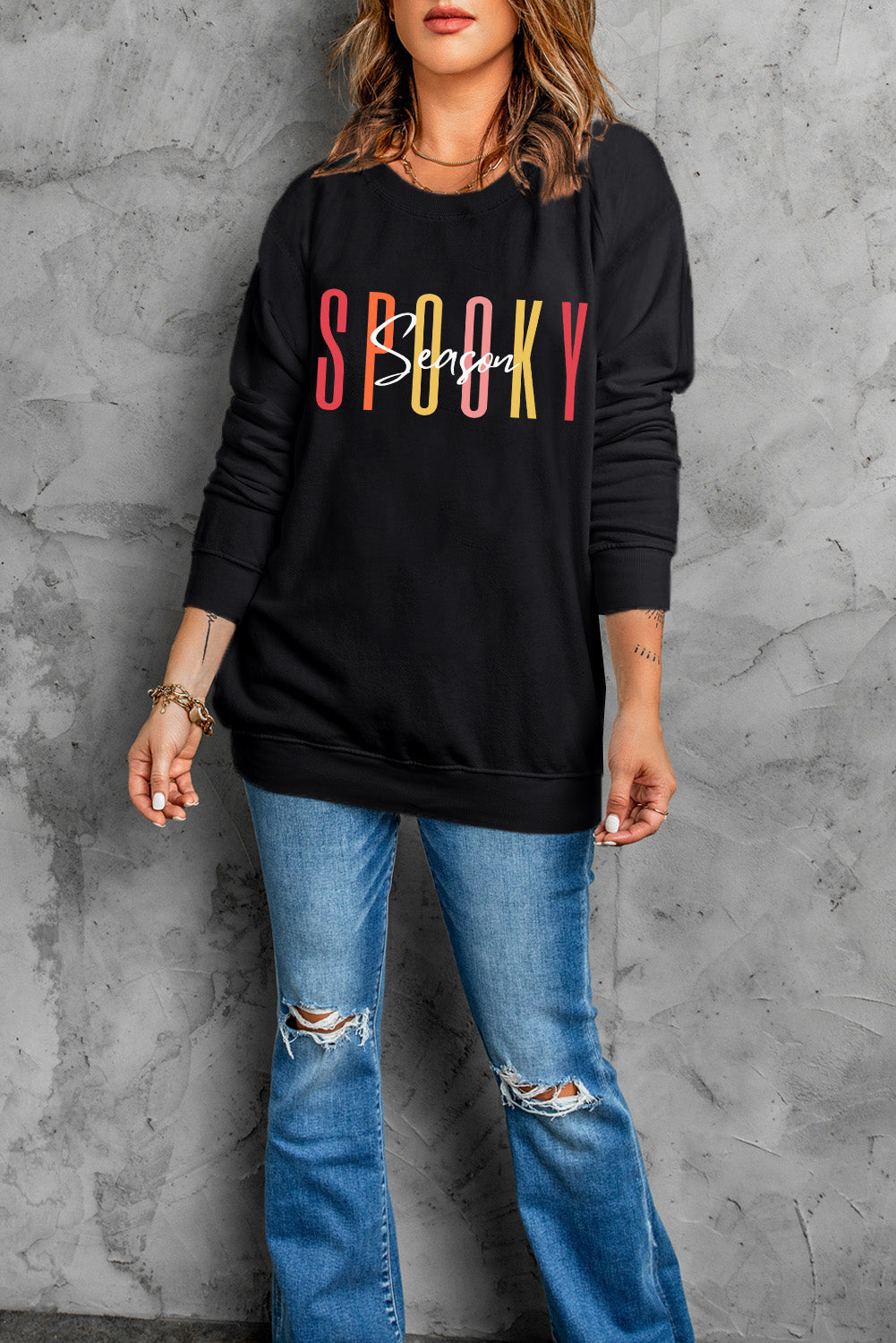 Round Neck Long Sleeve SPOOKY SEASON Graphic Sweatshirt-Jewearrings