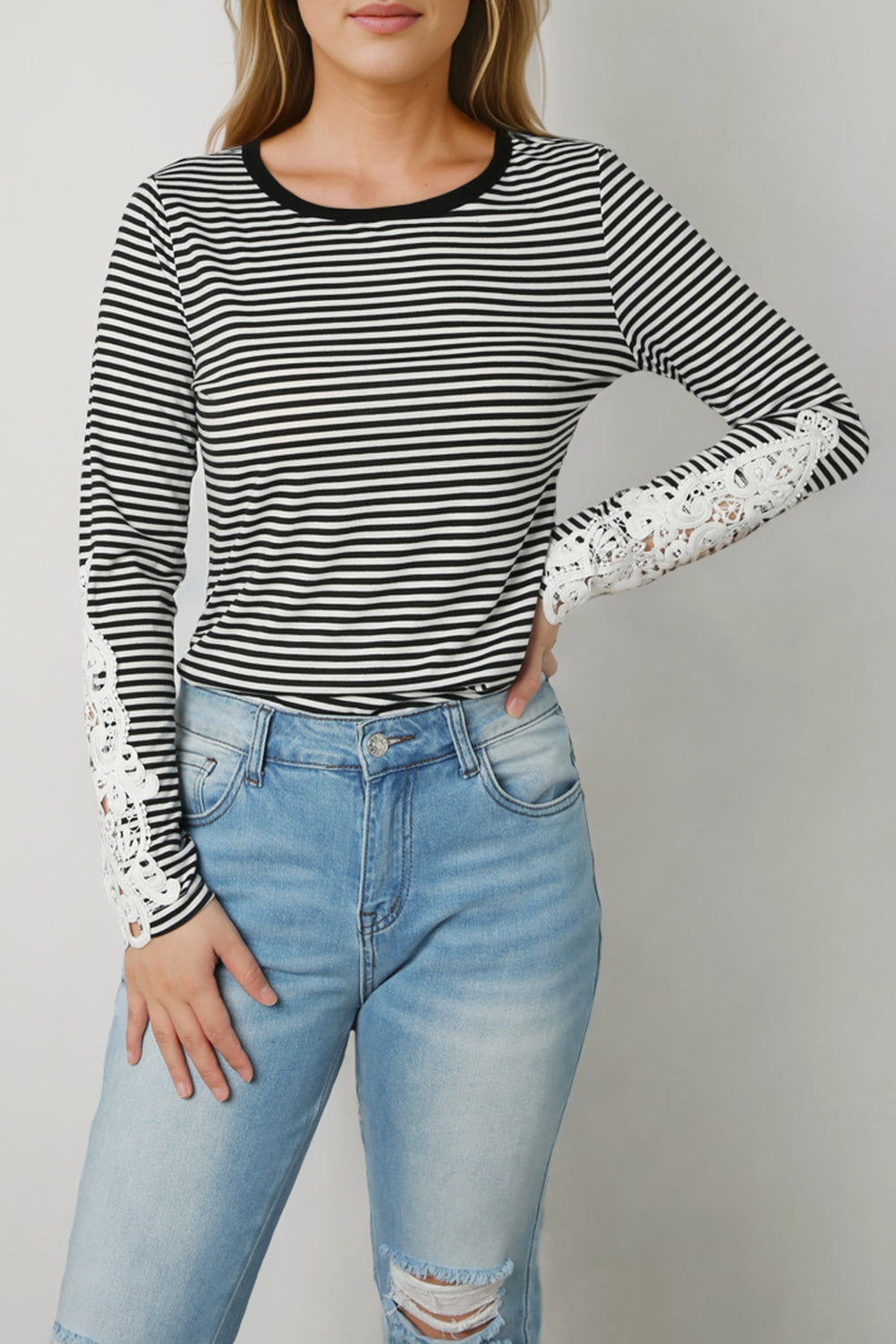 Striped Round Neck Long Sleeve Lace Trim T-Shirt-Jewearrings