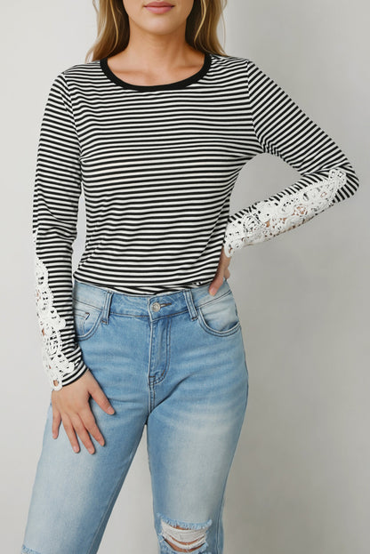 Striped Round Neck Long Sleeve Lace Trim T-Shirt-Jewearrings