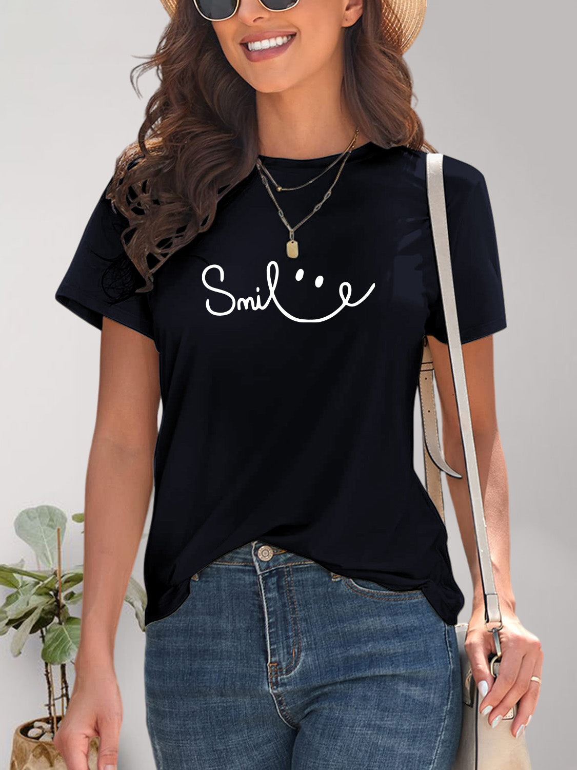 SMILE Round Neck Short Sleeve T-Shirt-Jewearrings